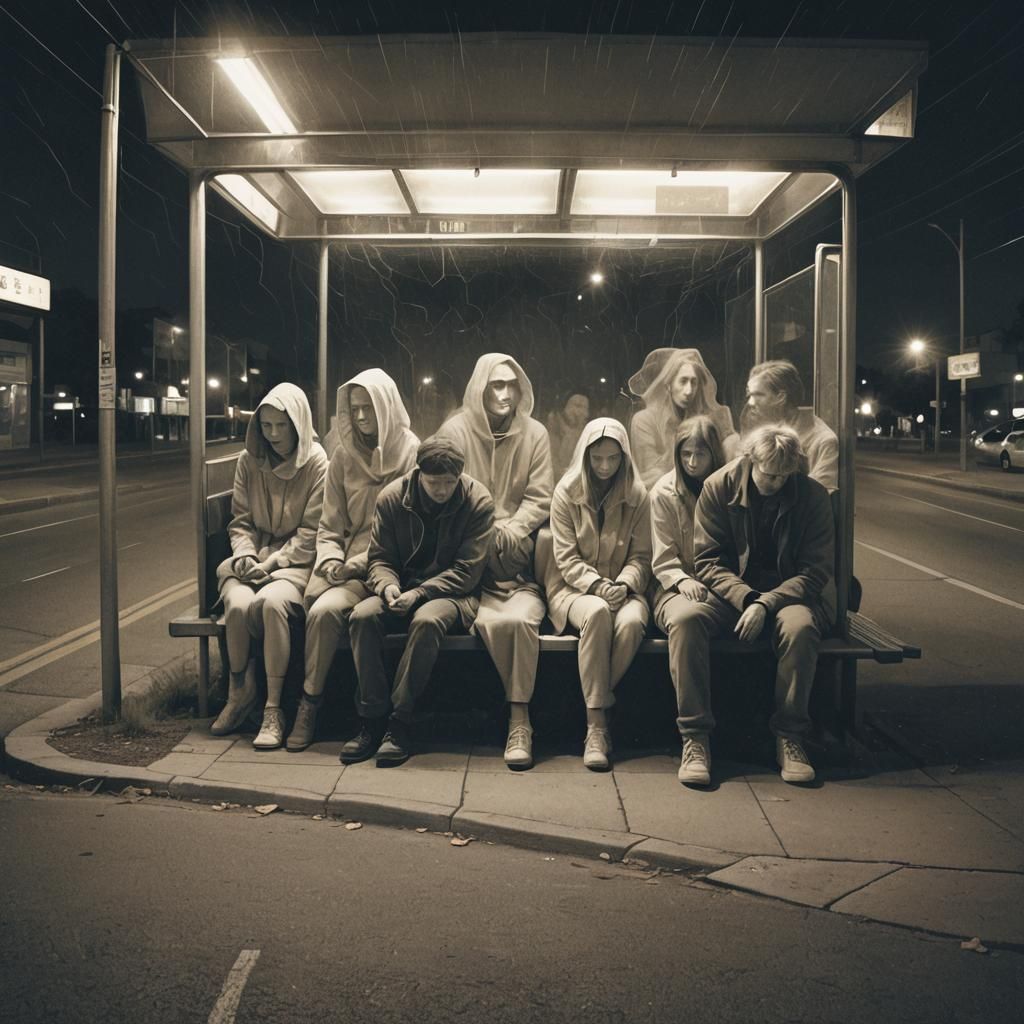 Uncanny People at a Distorted Bus Stop