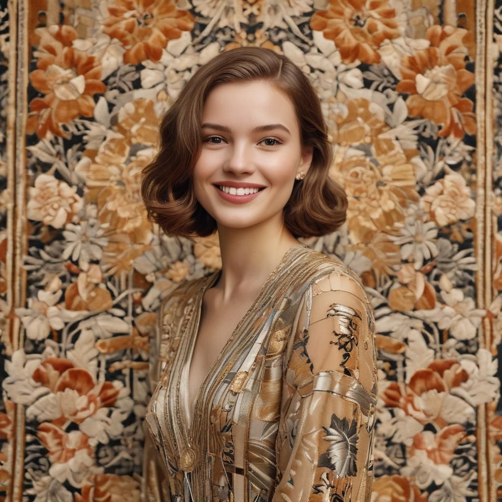 Charming Lady Surrounded by Art Deco Flowers