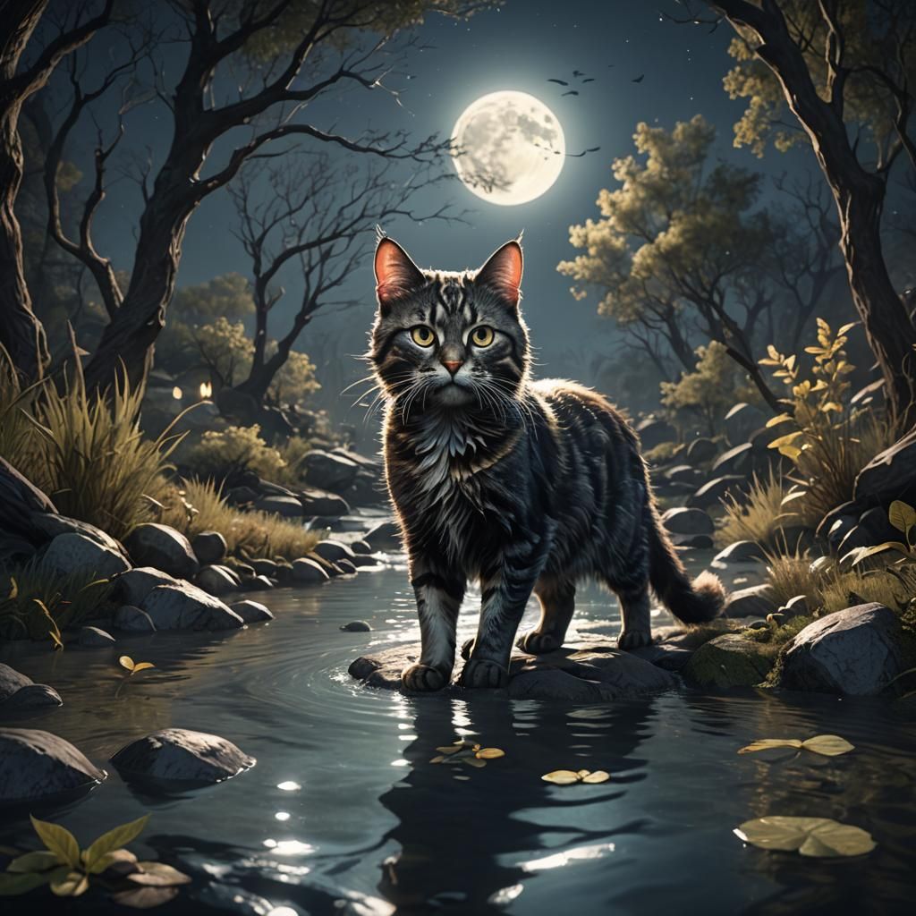 Moonlit Cat Swimming: Detailed Matte Painting