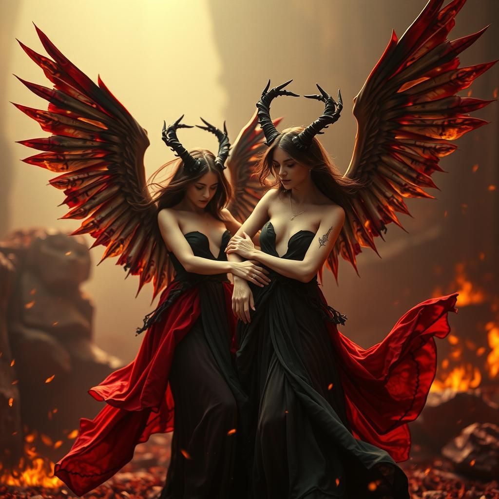 Diabolic Angels Dancing in Hellish Landscape