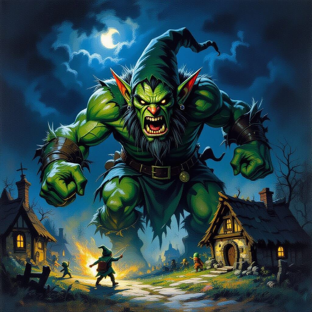 Enraged Elf Tramples Hobbit Village in Dark Oil Painting