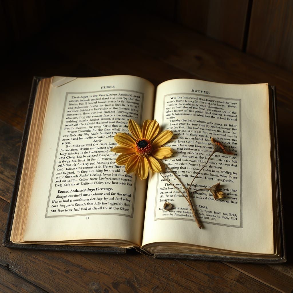 Antique Book with Pressed Flower, Assemblage Art