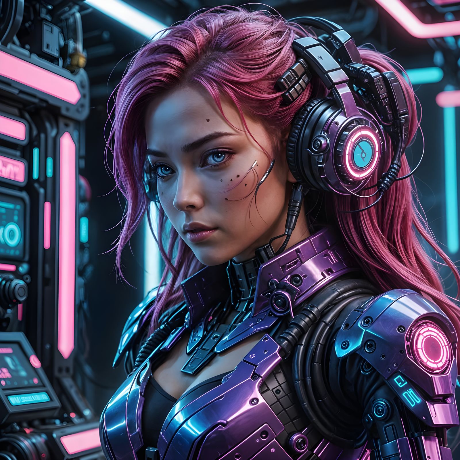 Glamorous Technician Inspects Samurai Robot in Cyberpunk Sty...