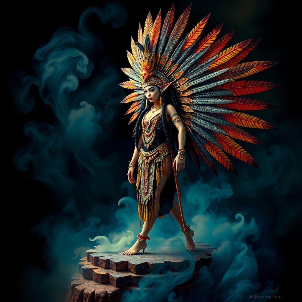 Aztec Princess on Mystical Platform in Surreal Style