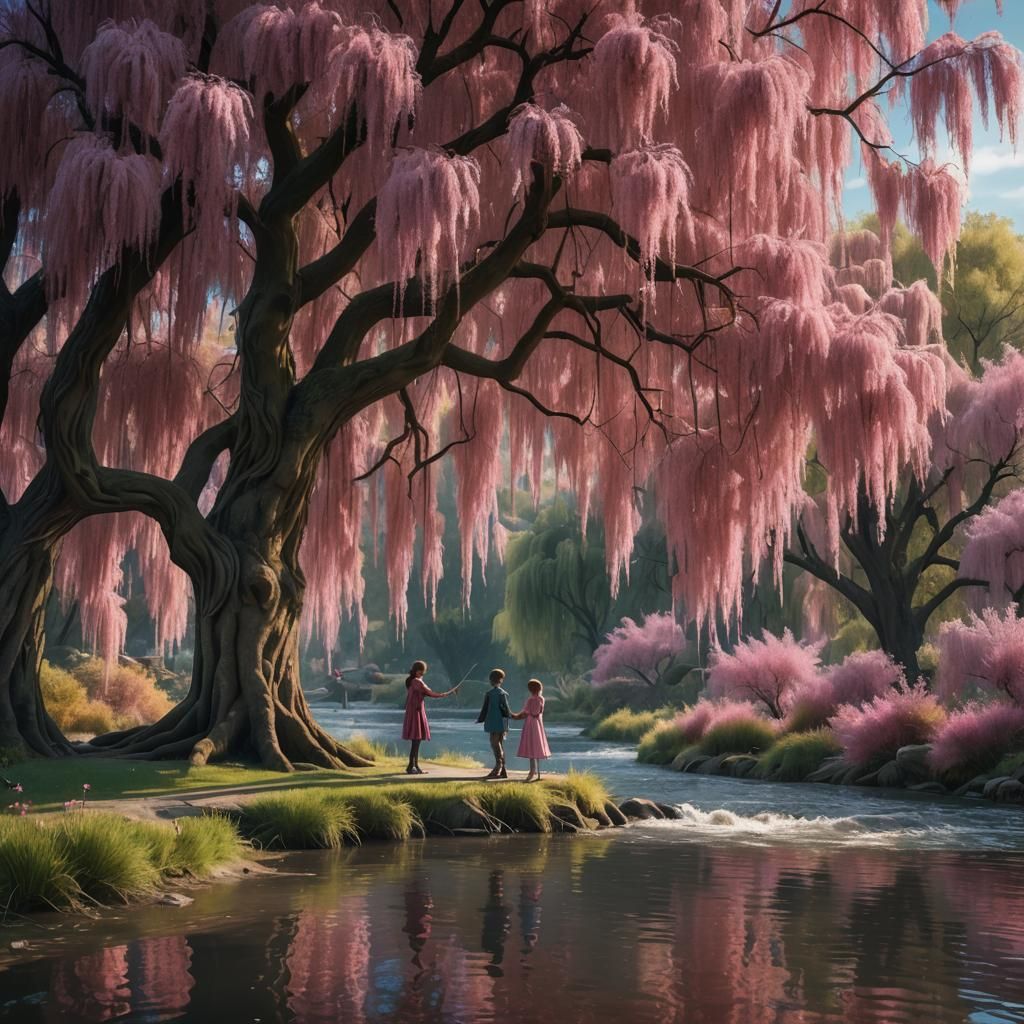 Children's River Scene with Weeping Willow