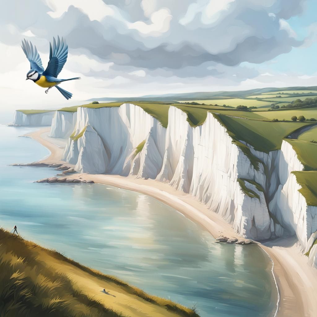Painting of the White cliffs of Dover, birds flying, can you spot the tiny Walker?