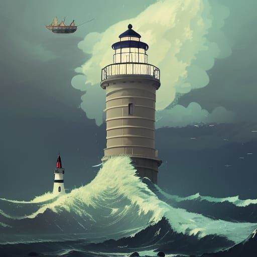 Collapsing Lighthouse in Stormy Ocean, Elaborate Digital Art