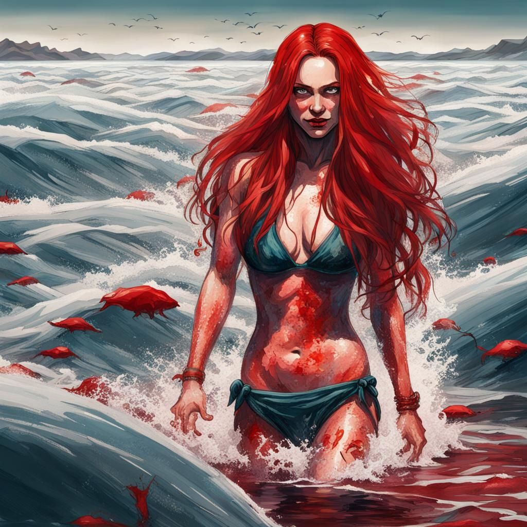 Woman with Red Hair Emerges from Red Sea