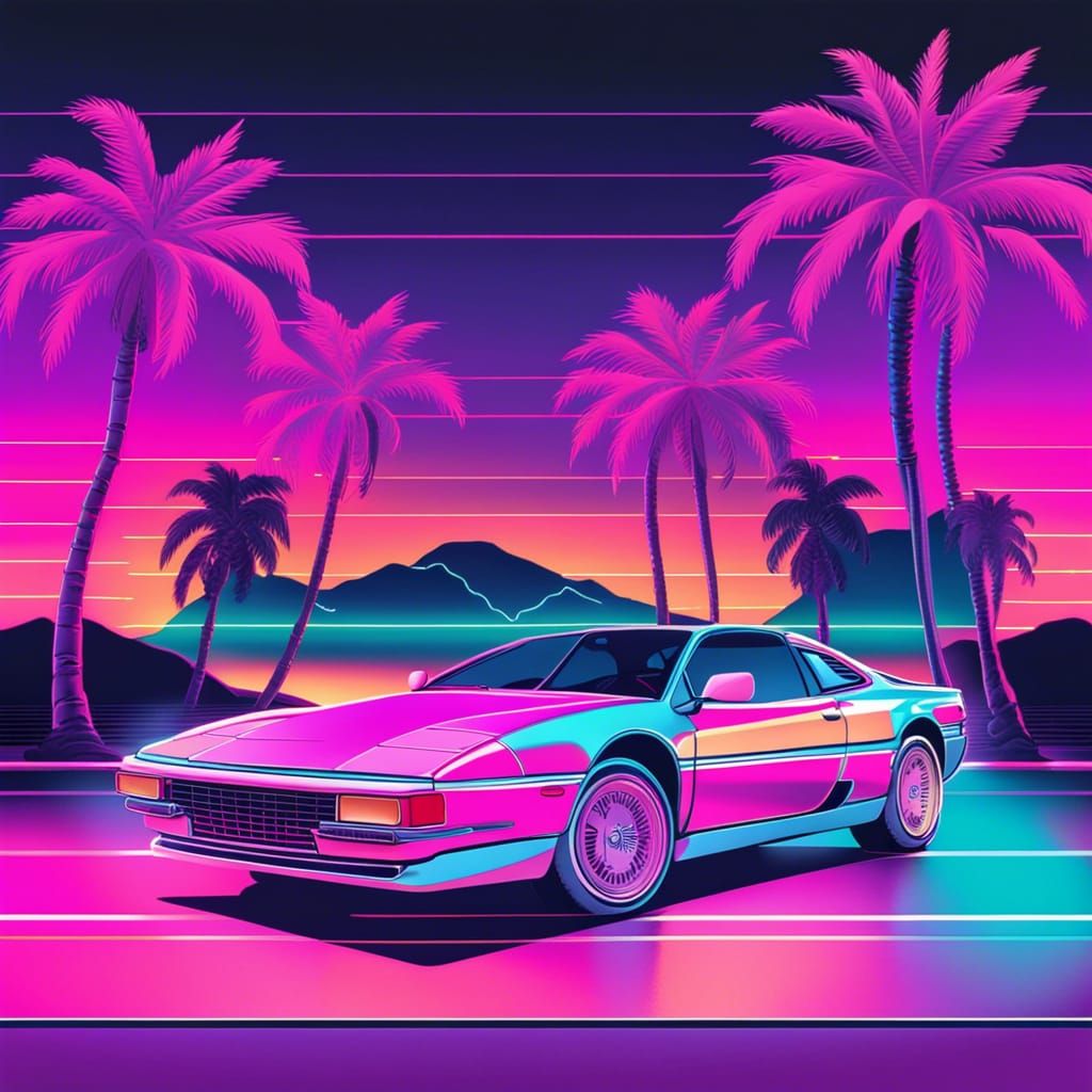 Vaporwave Album Cover with Ferrari and Palm Trees