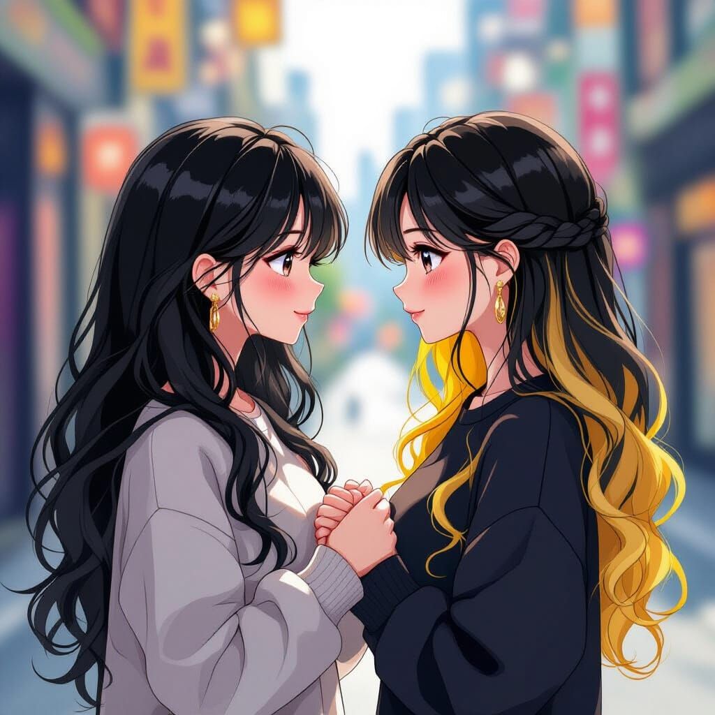 Anime Style Women Holding Hands in City