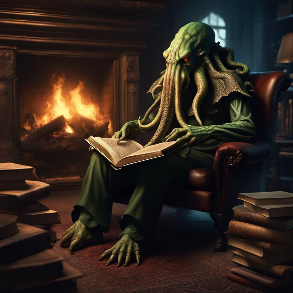 Cthulhu Reading by Fireplace: Digital Matte Painting