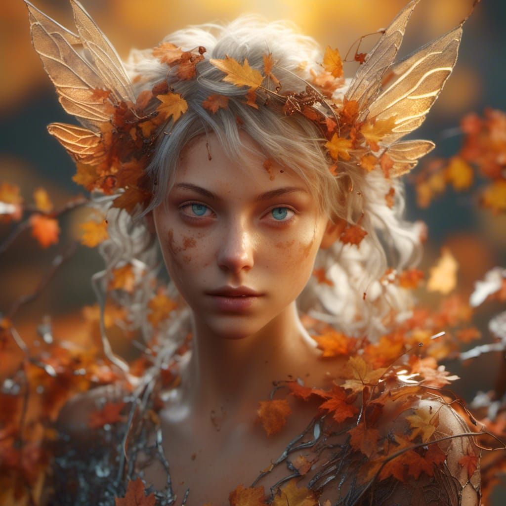 Windswept Autumn Pixie in Hyperrealistic Digital Art