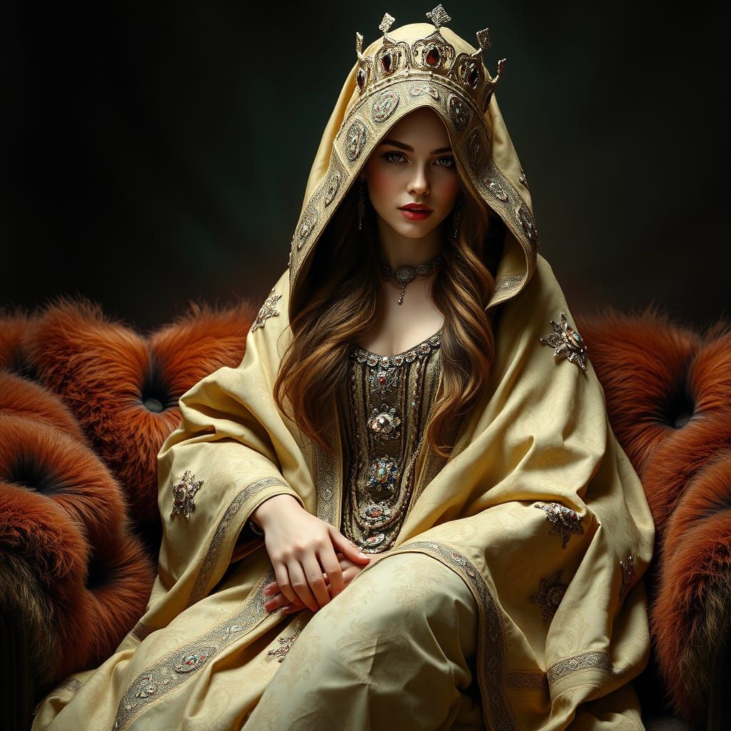 Exotic Queen in Bejeweled Cloak, Hyperrealistic Portrait