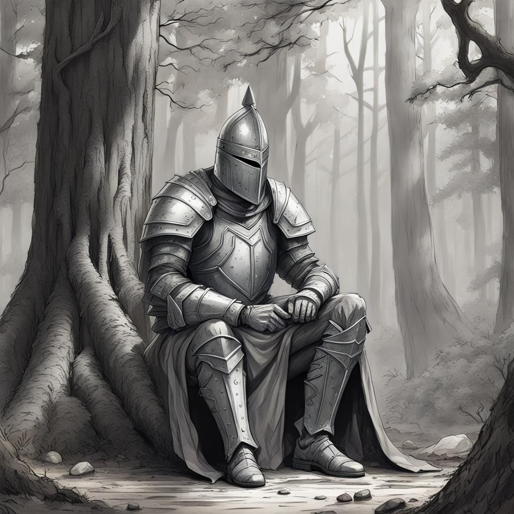 Knight Studying Ring in Forest, Pencil Sketch