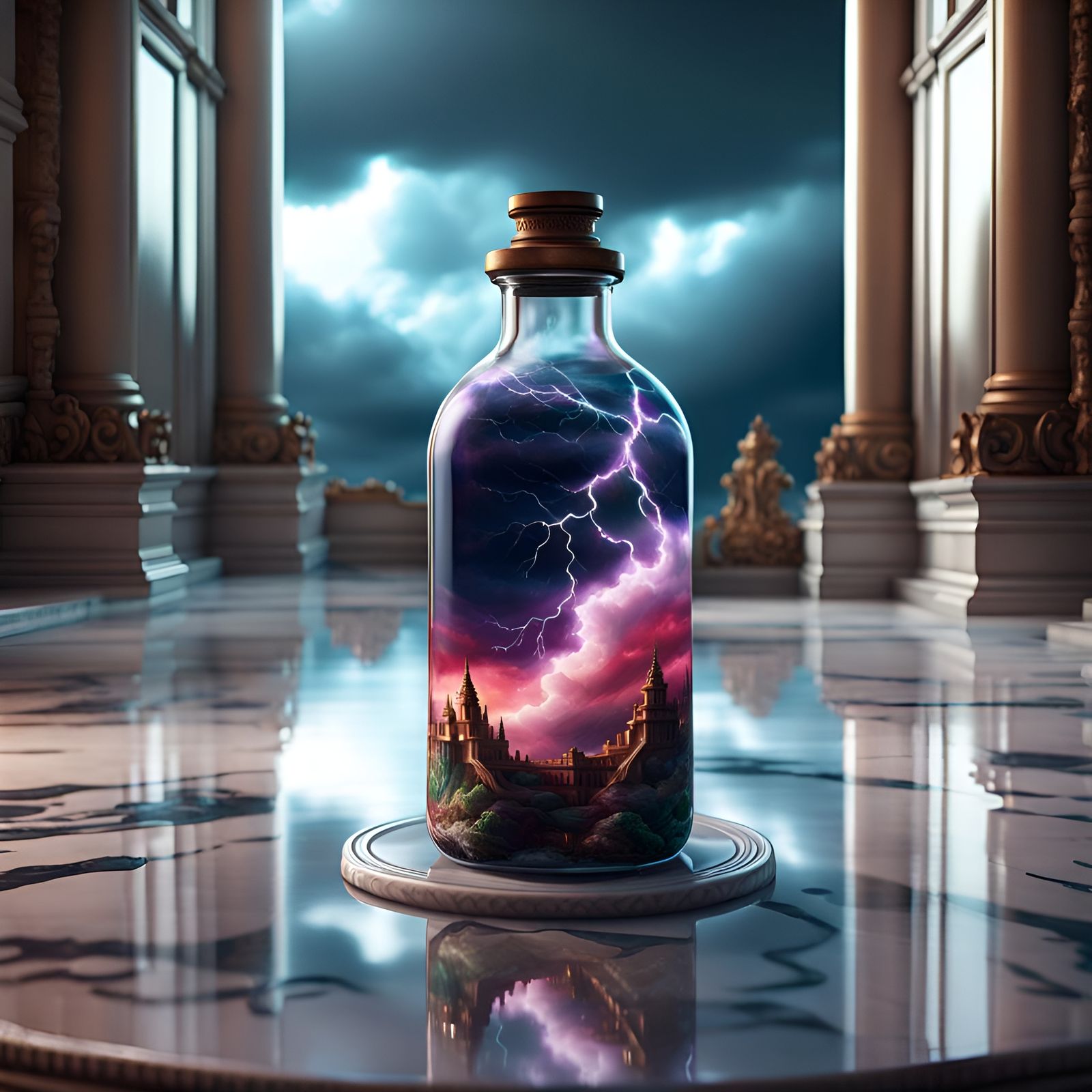 A dark strong thunder storm in a bottle