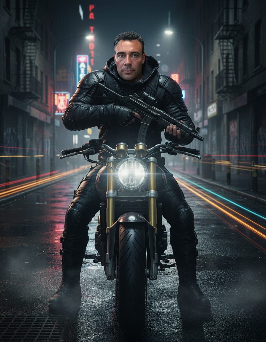 A muscular, athletic mid-aged man sitting on a motorcycle on...