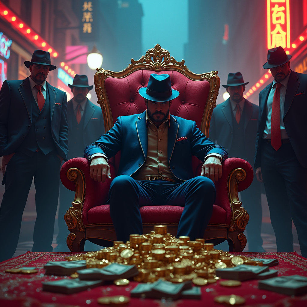 Gangster Boss on Throne in Mystical Cityscape