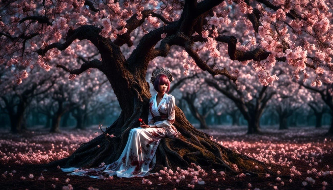 Geisha Under Cherry Tree in Horrorcore Style
