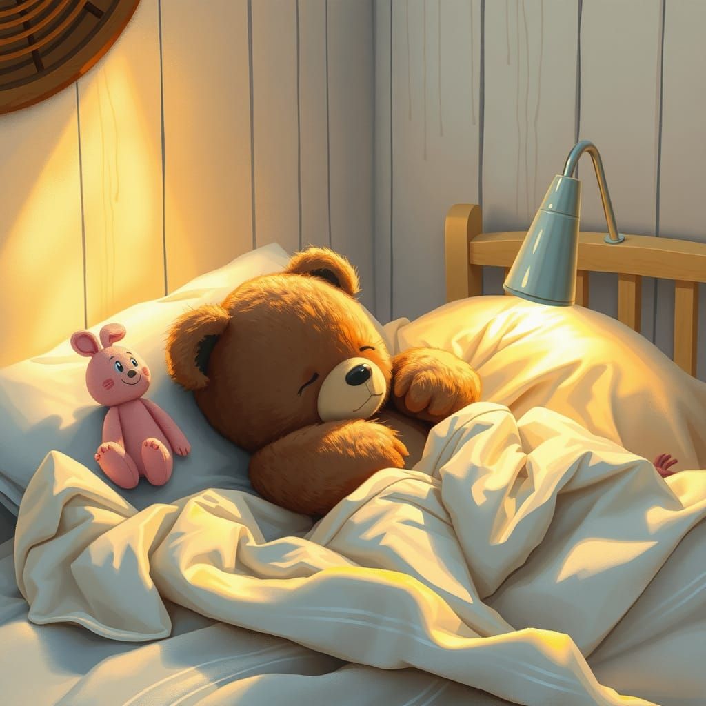 Sleeping Teddy Bear in Cozy Nursery, Watercolor Illustration