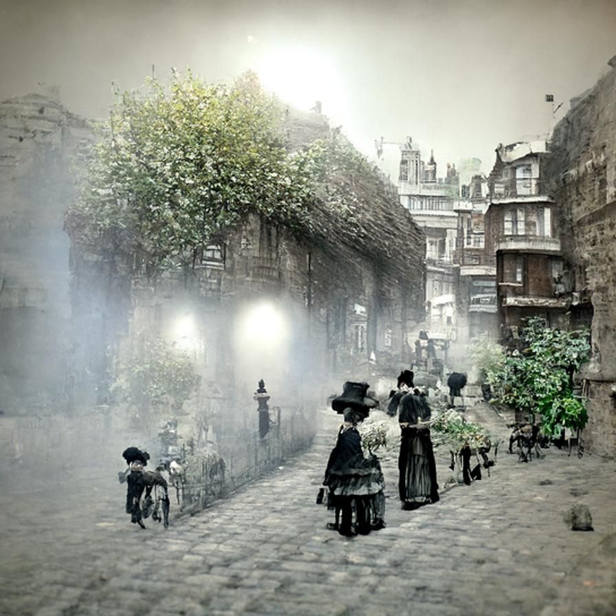Misty London Street Scene with Secret Garden