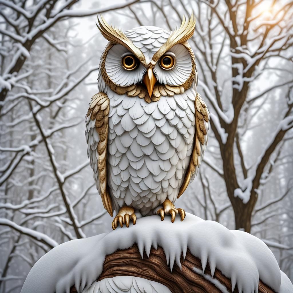 Golden-Edged Owl Sculpture in Snowy Tree