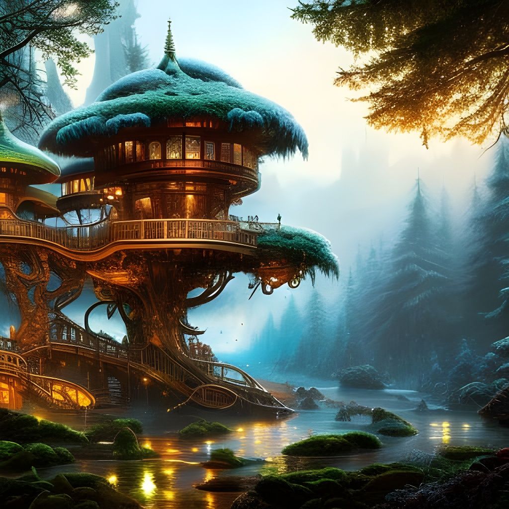 Fantasy Biomorphic Treehouse in Winter, Detailed View