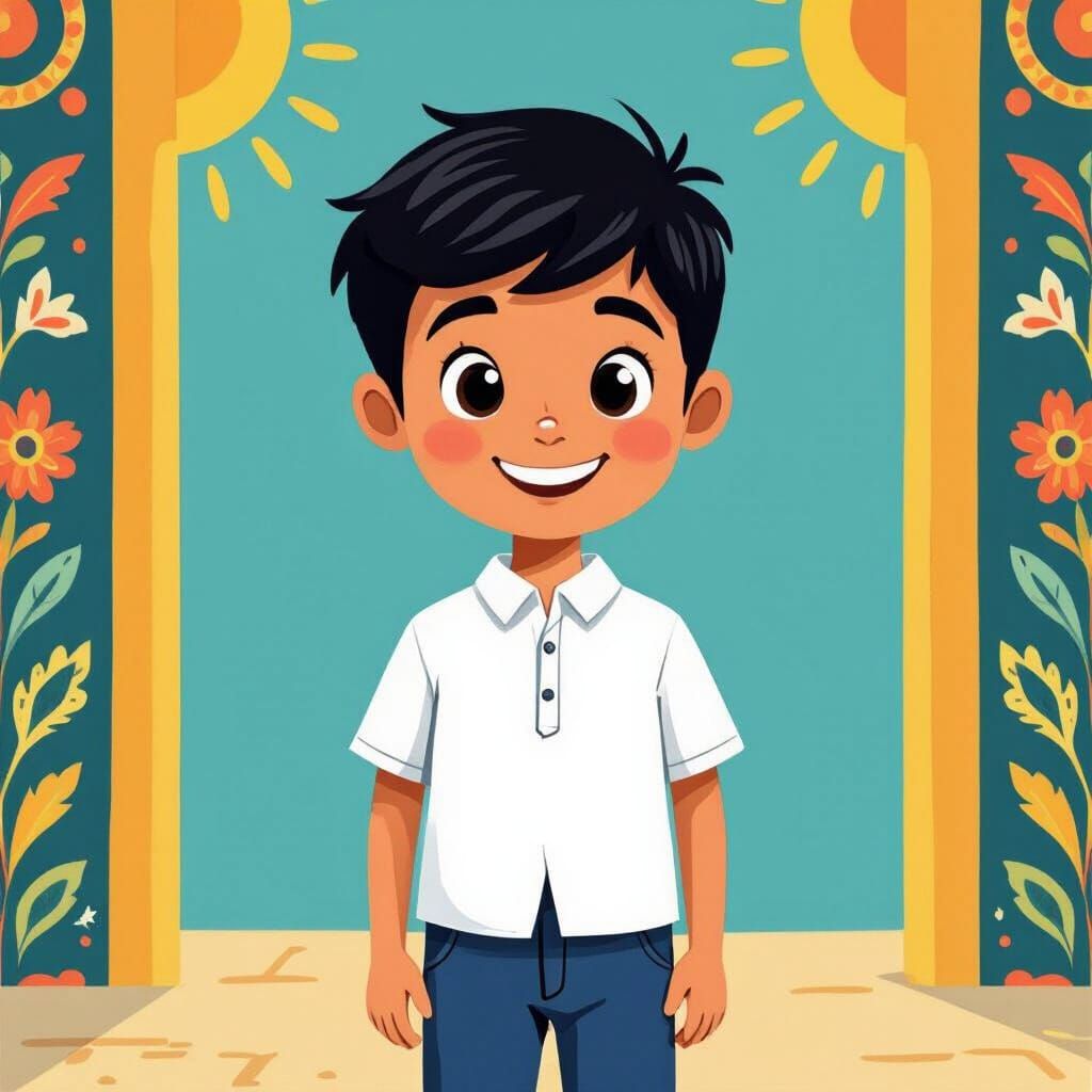 Confident Pakistani Boy in Cartoon Illustration Style