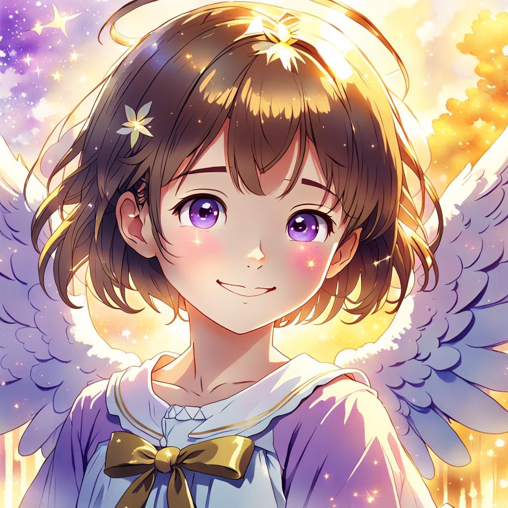 Anime Angel with Purple Eyes in Magical Realism