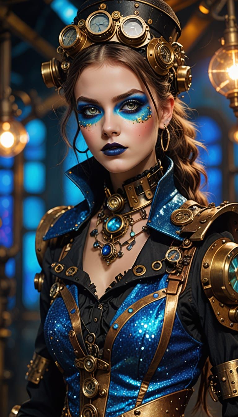 Steampunk Model in Harlequin Attire on Catwalk