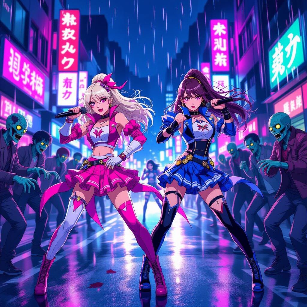 K-Pop Idols Battle Zombies in Dynamic Anime Style