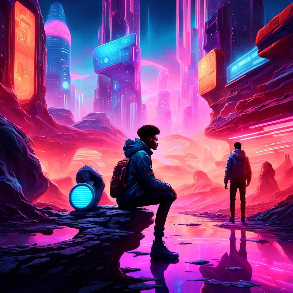 Futuristic Explorer in Alien Cyberpunk Landscape