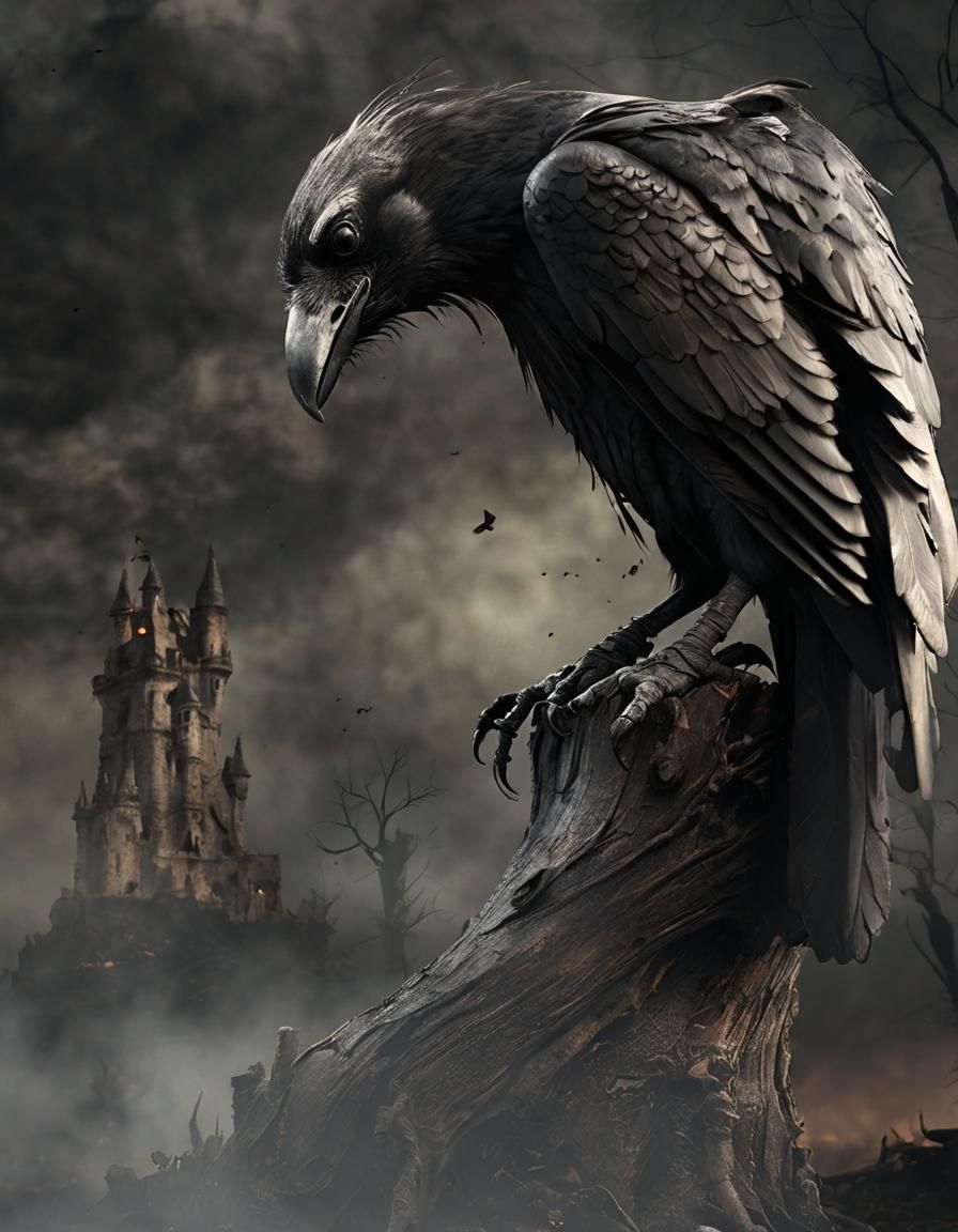 Macabre Raven in Dark Fantasy Ruins