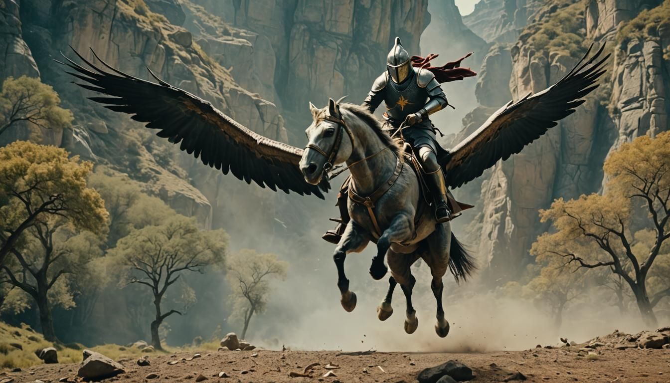 Knight on Hippogriff Attacks Flying Figure: Cinematic Still
