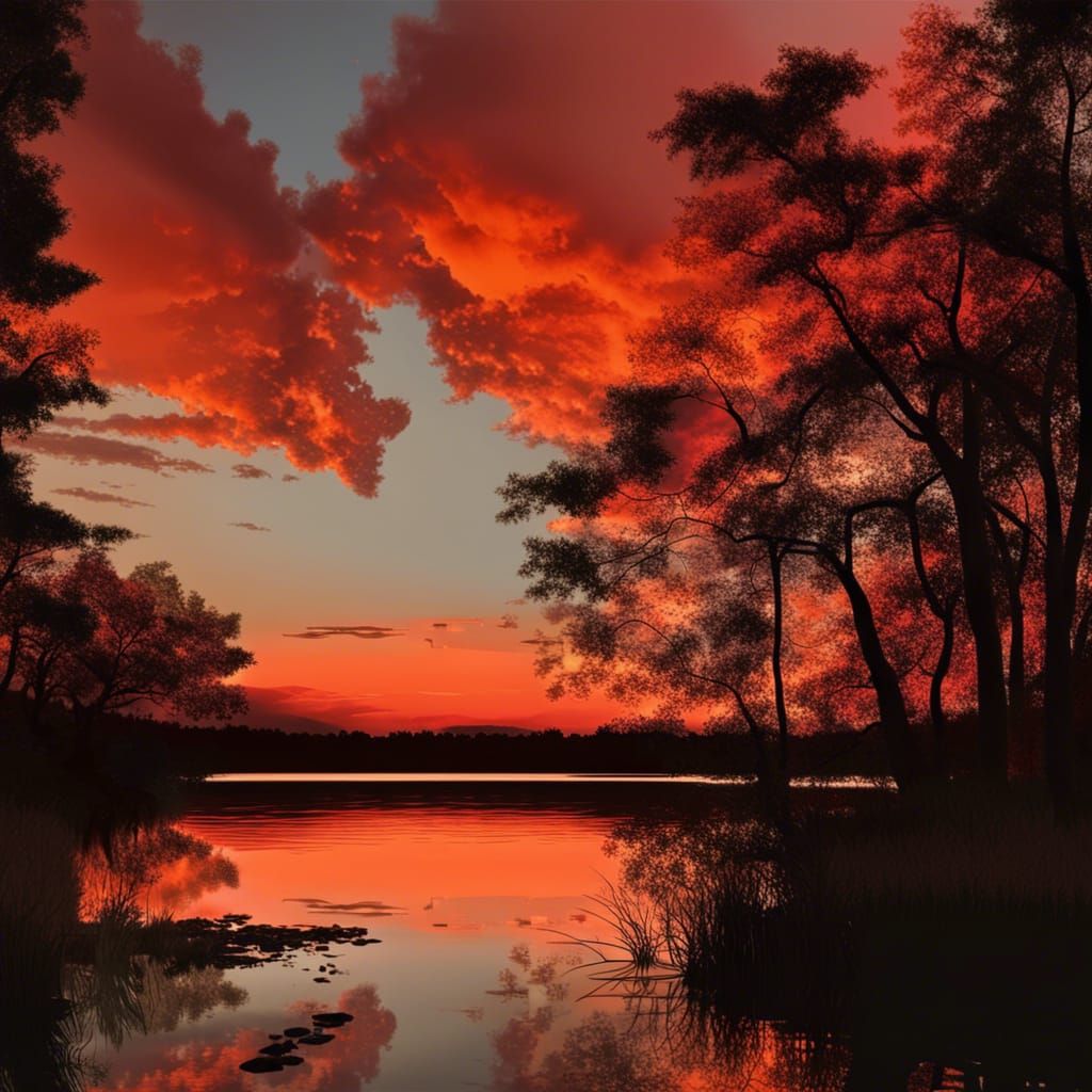 Picturesque Sunset Over Lake as Oil Painting