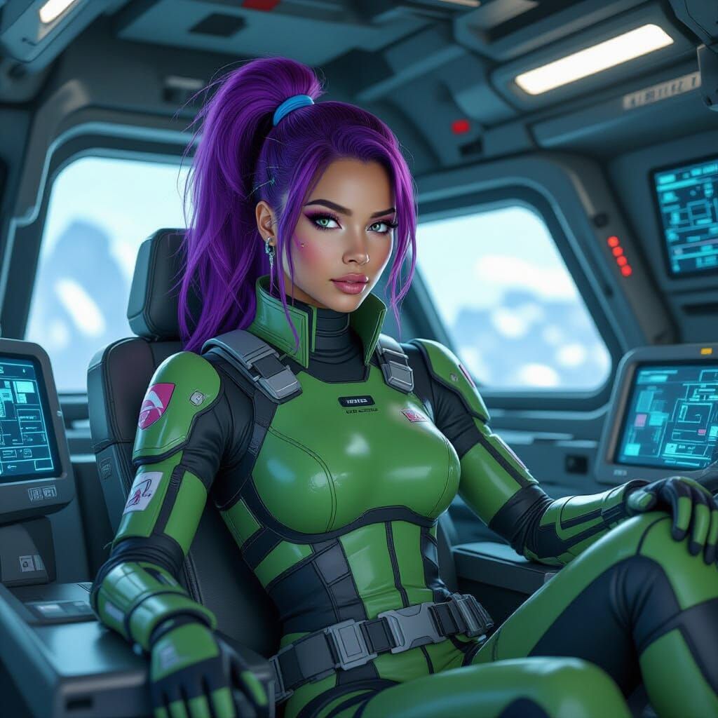 Purple Woman in Armored Transport Cockpit: Digital Art