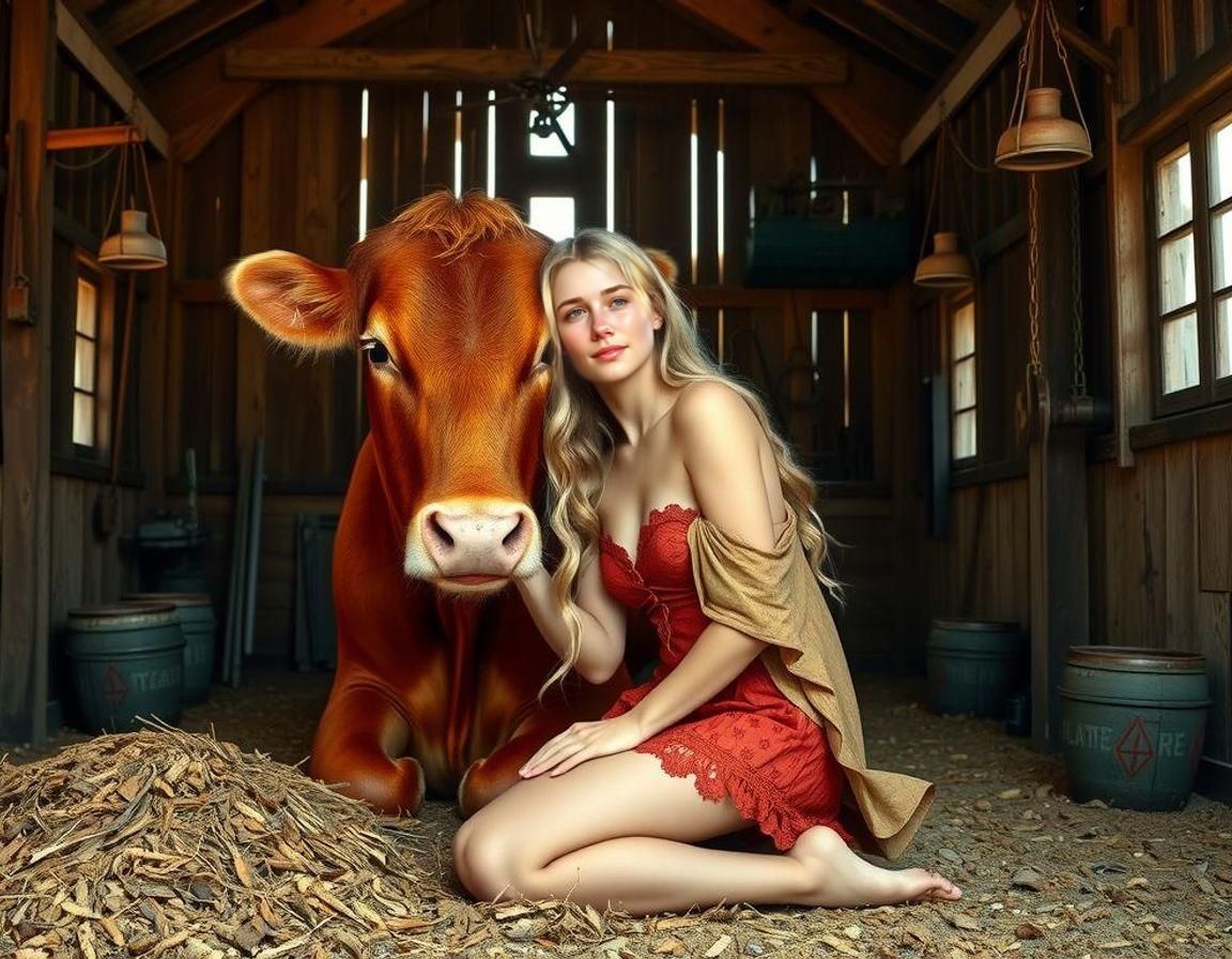 Milkmaid Portrait in Rustic Barn, Hyperdetailed Art