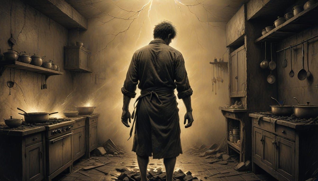 Disheveled Chef in Chaotic Kitchen, Thunderstorm Illuminated...