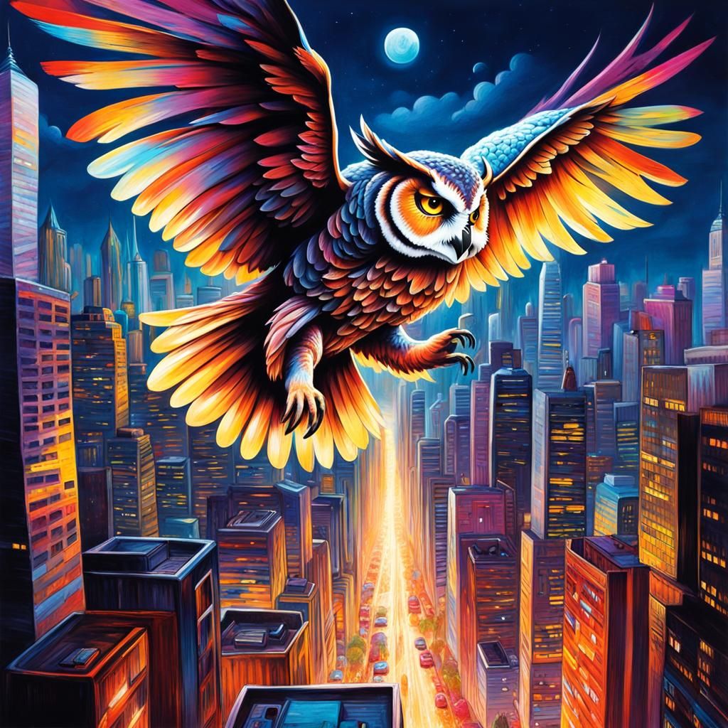 Human-Owl Hybrid Soars Over Bright City: Graffiti Art