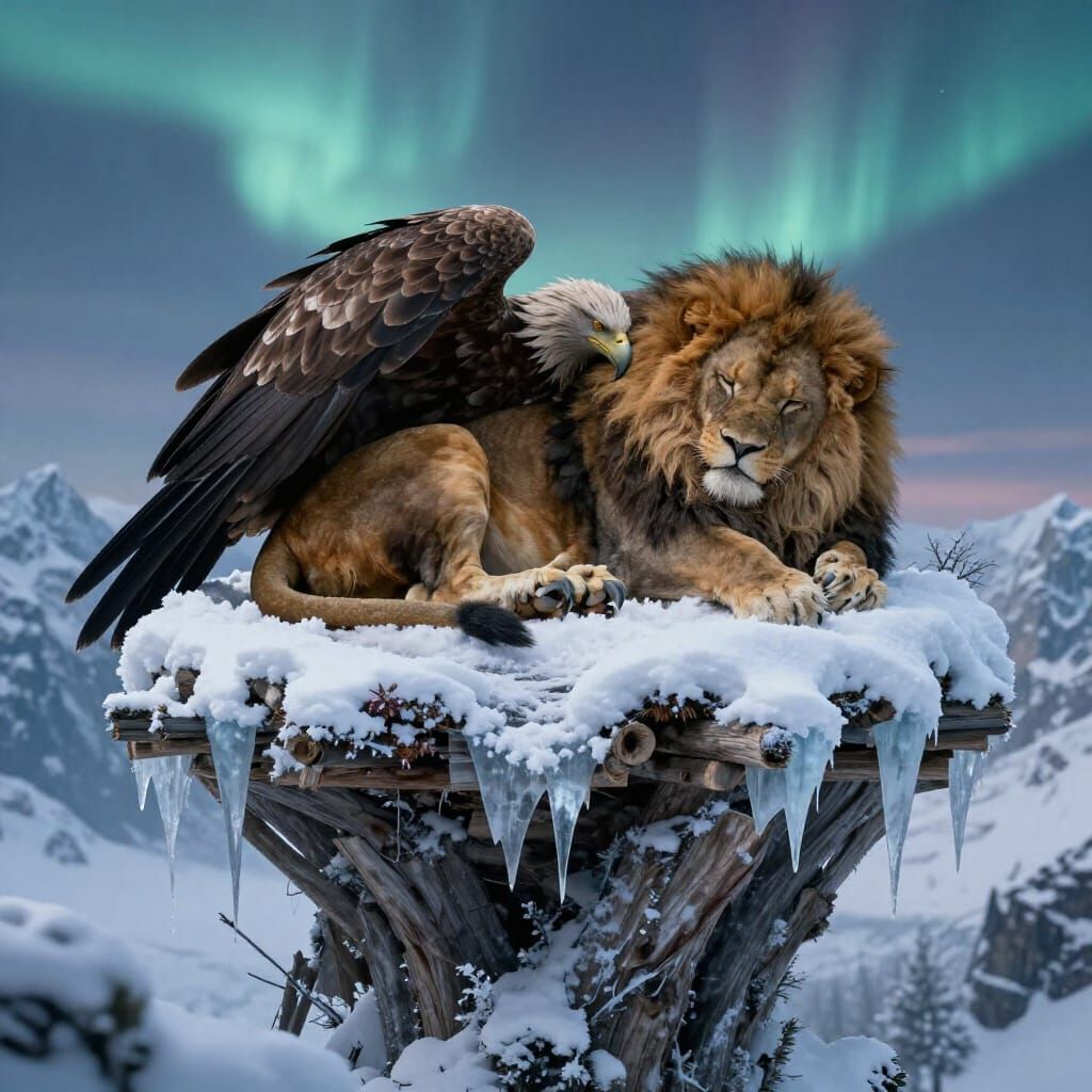 Majestic Gryphon Asleep in Snowy Mountain Twilight