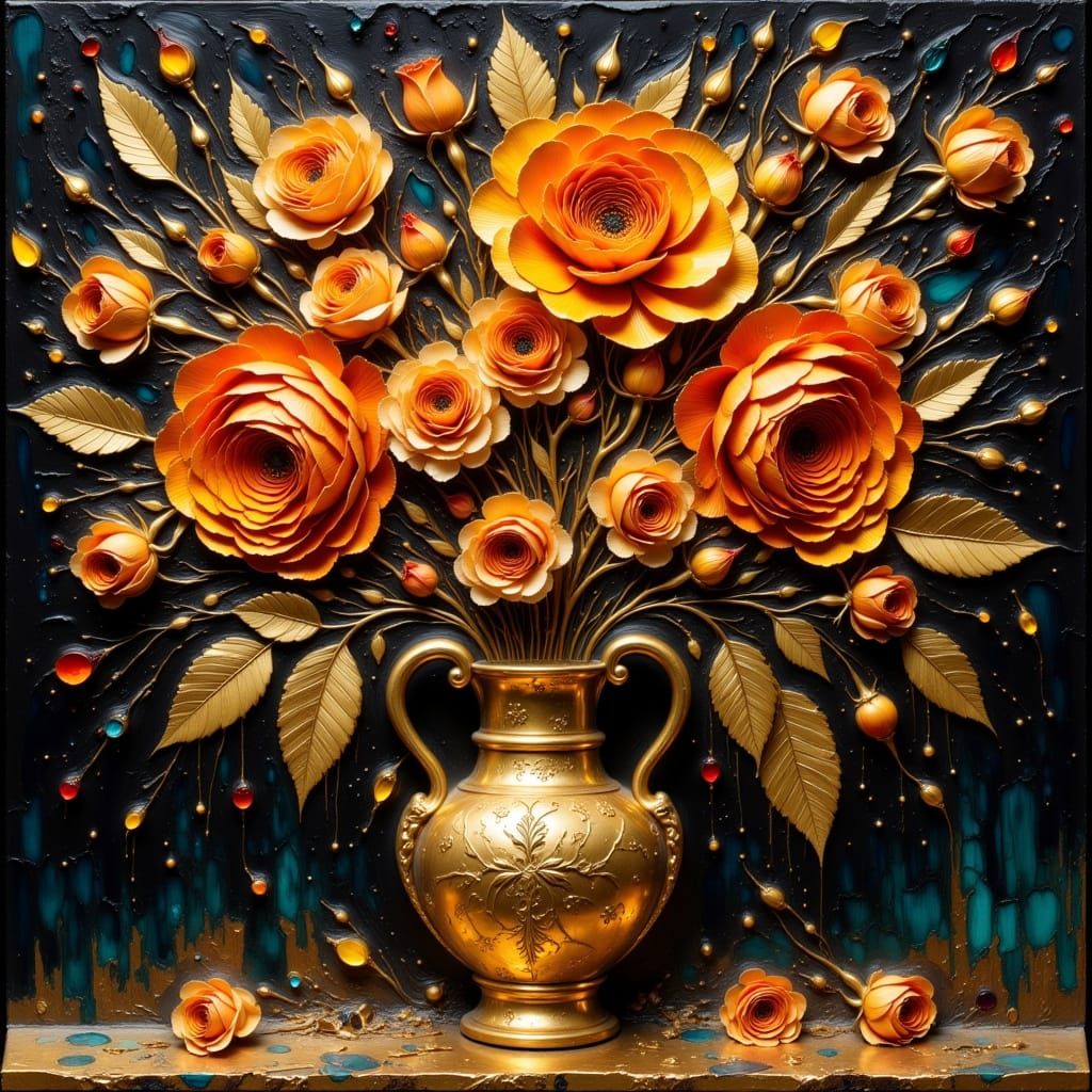 Fiery Roses in Brass Vase with Relief Art