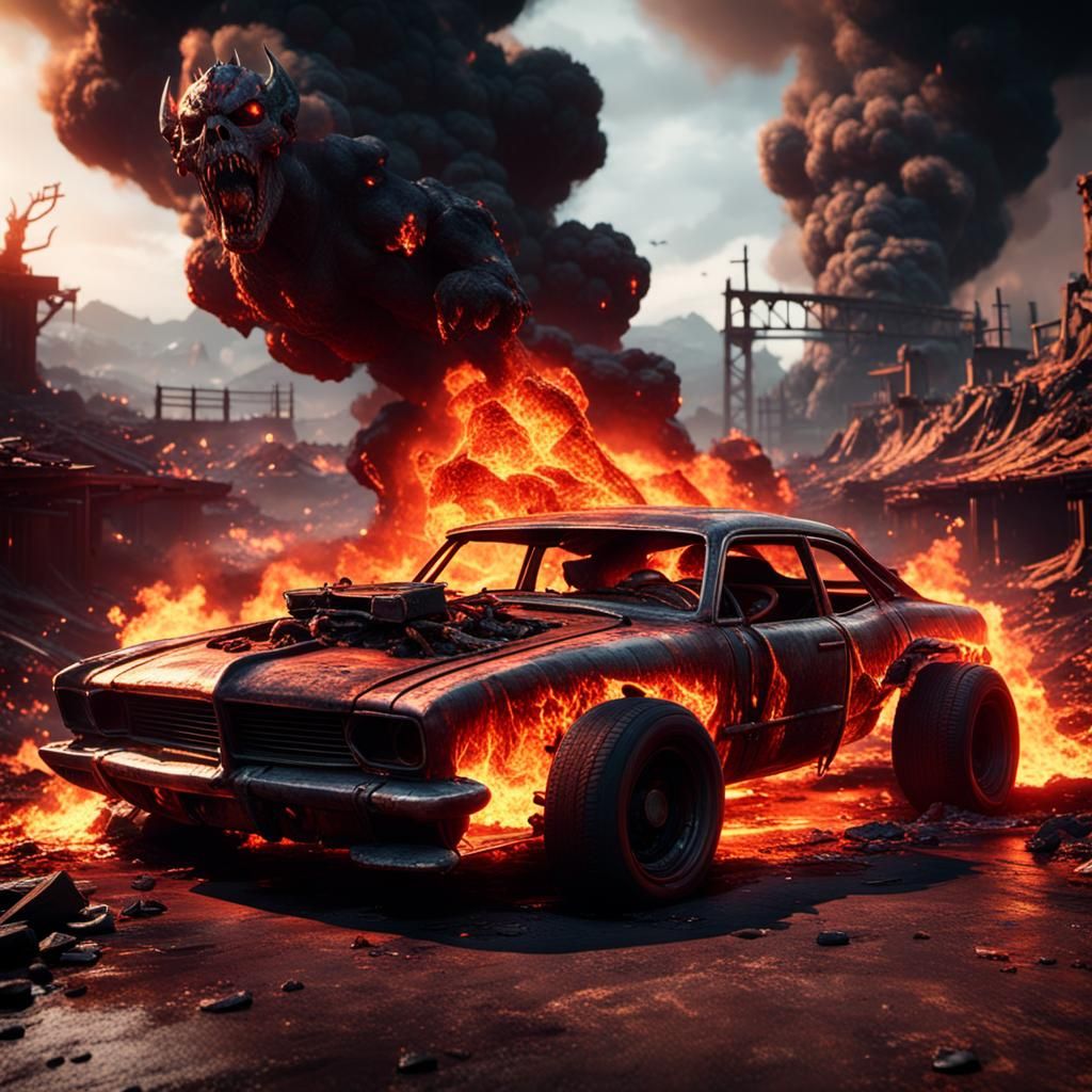Fiery Car Descent Into Hell: 3D Game Art