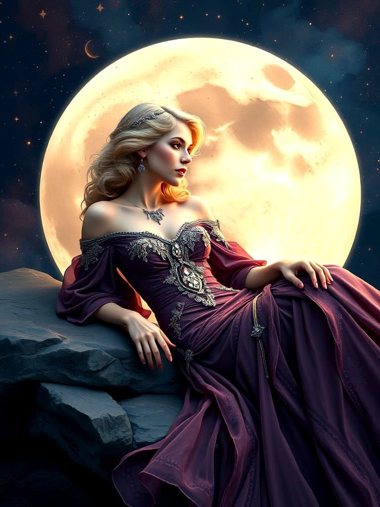 Art Deco Woman on Moon with Celestial Background