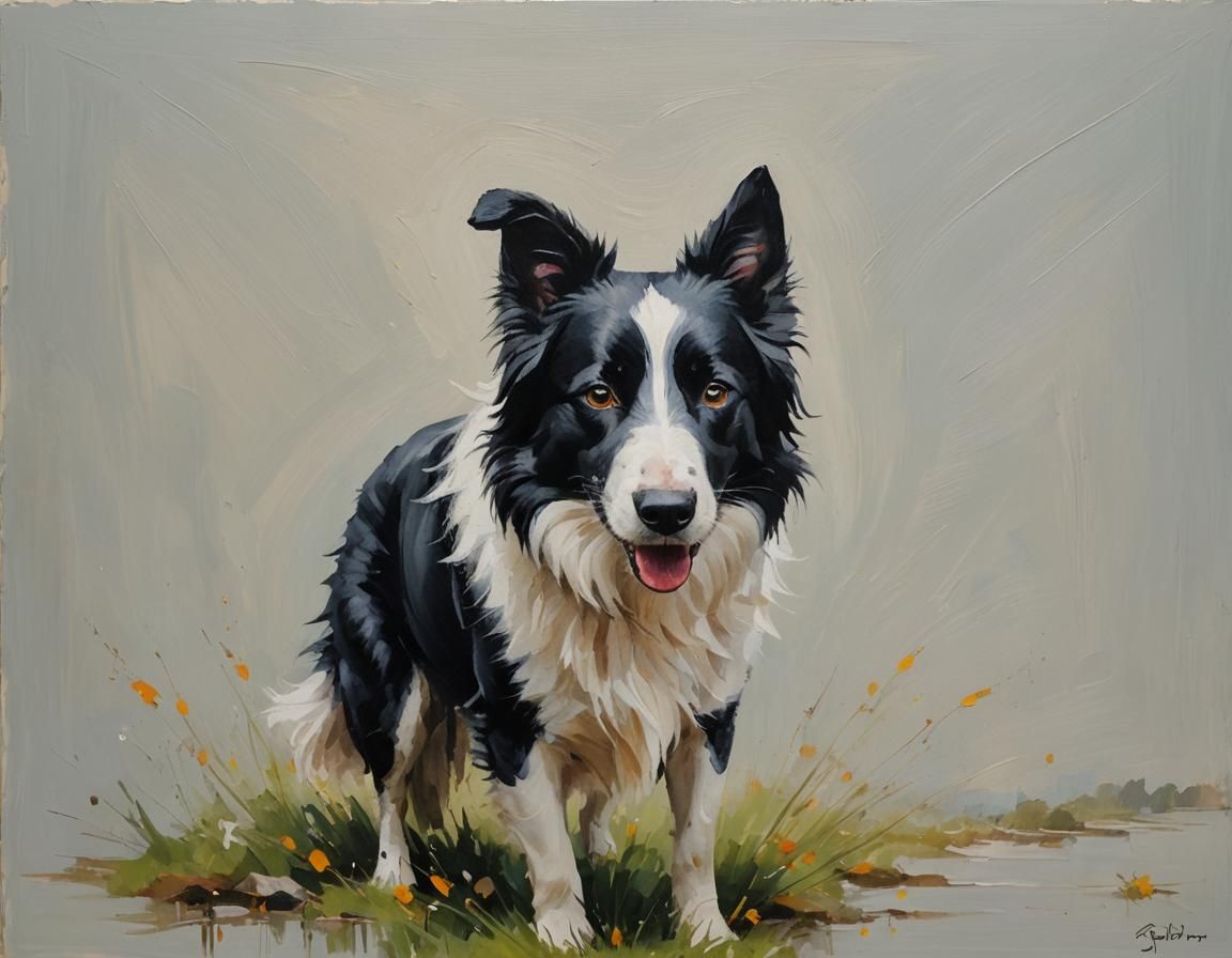 Friendly Border Collie in Impressionistic Oil Painting