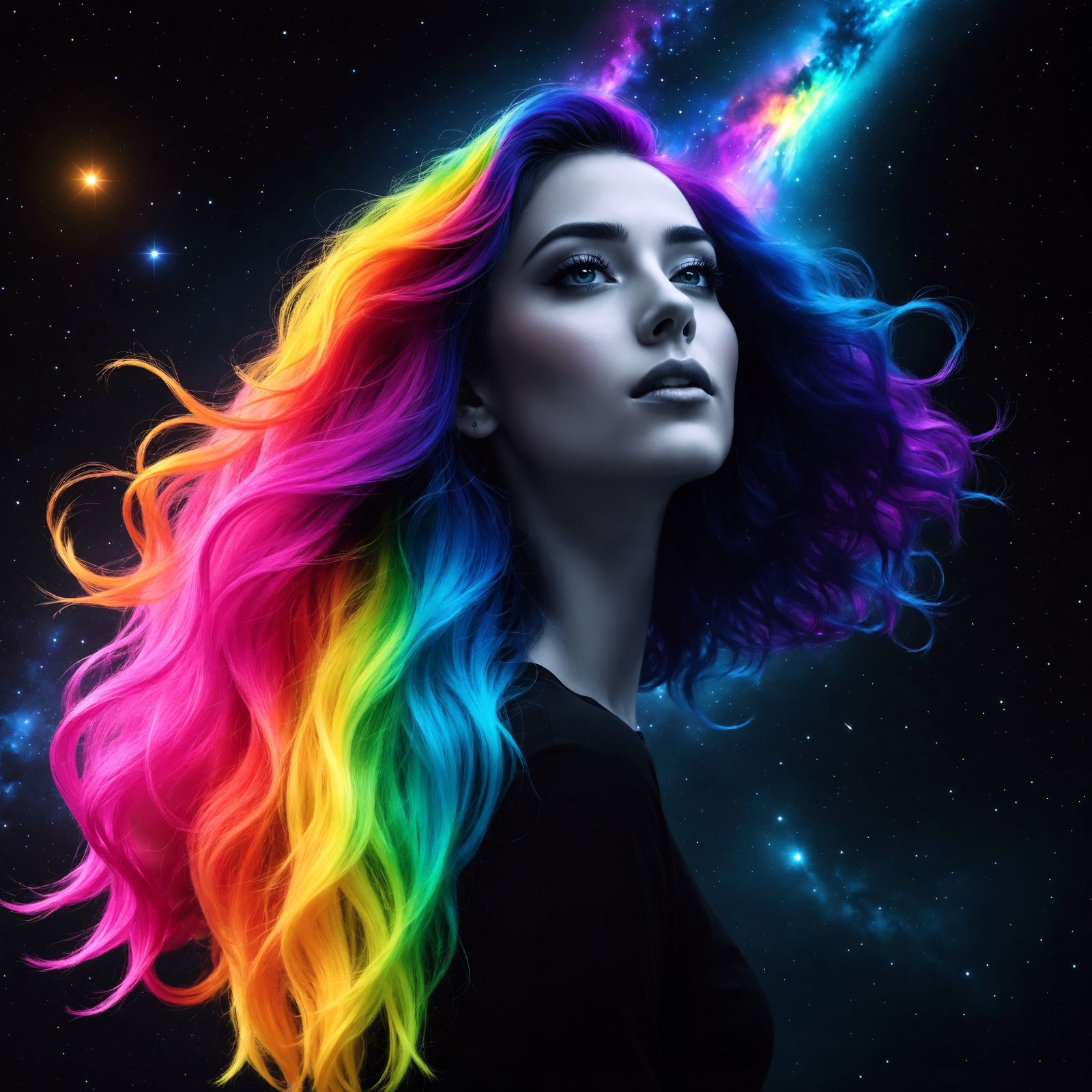 A Resplendent Woman Shines in a Black and White Cosmos