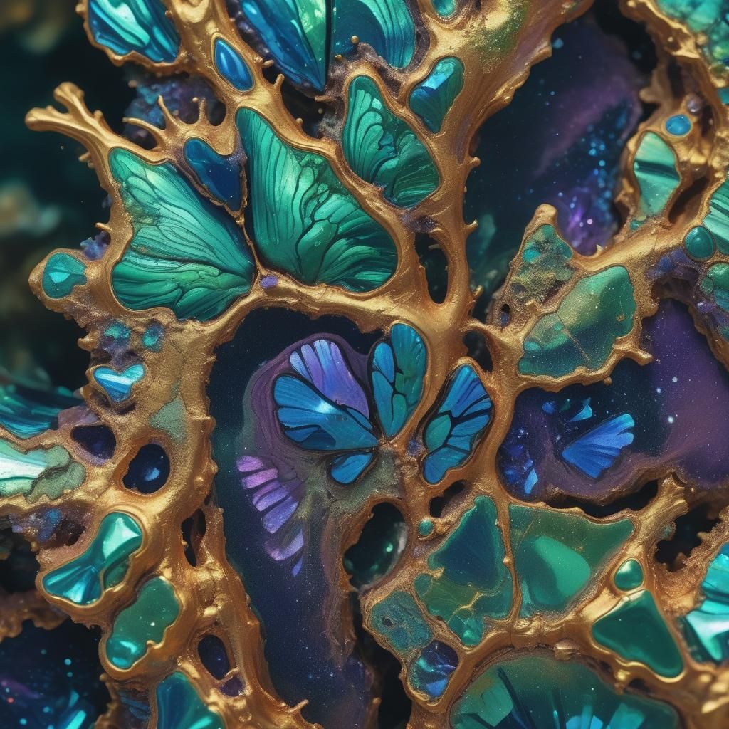 Surreal Microscopic Algae on Crystals with Iridescent Fractu...