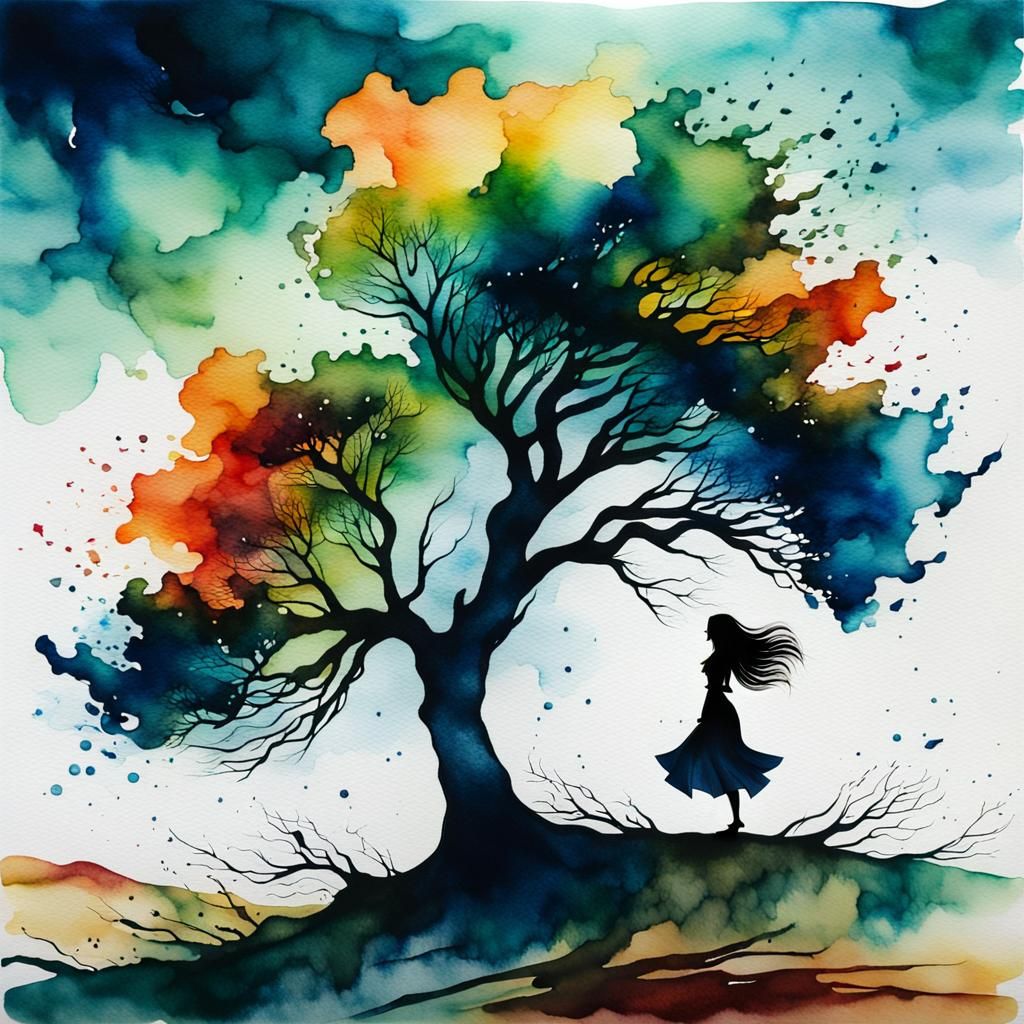 Silhouette of Woman Under Windy Tree Watercolor