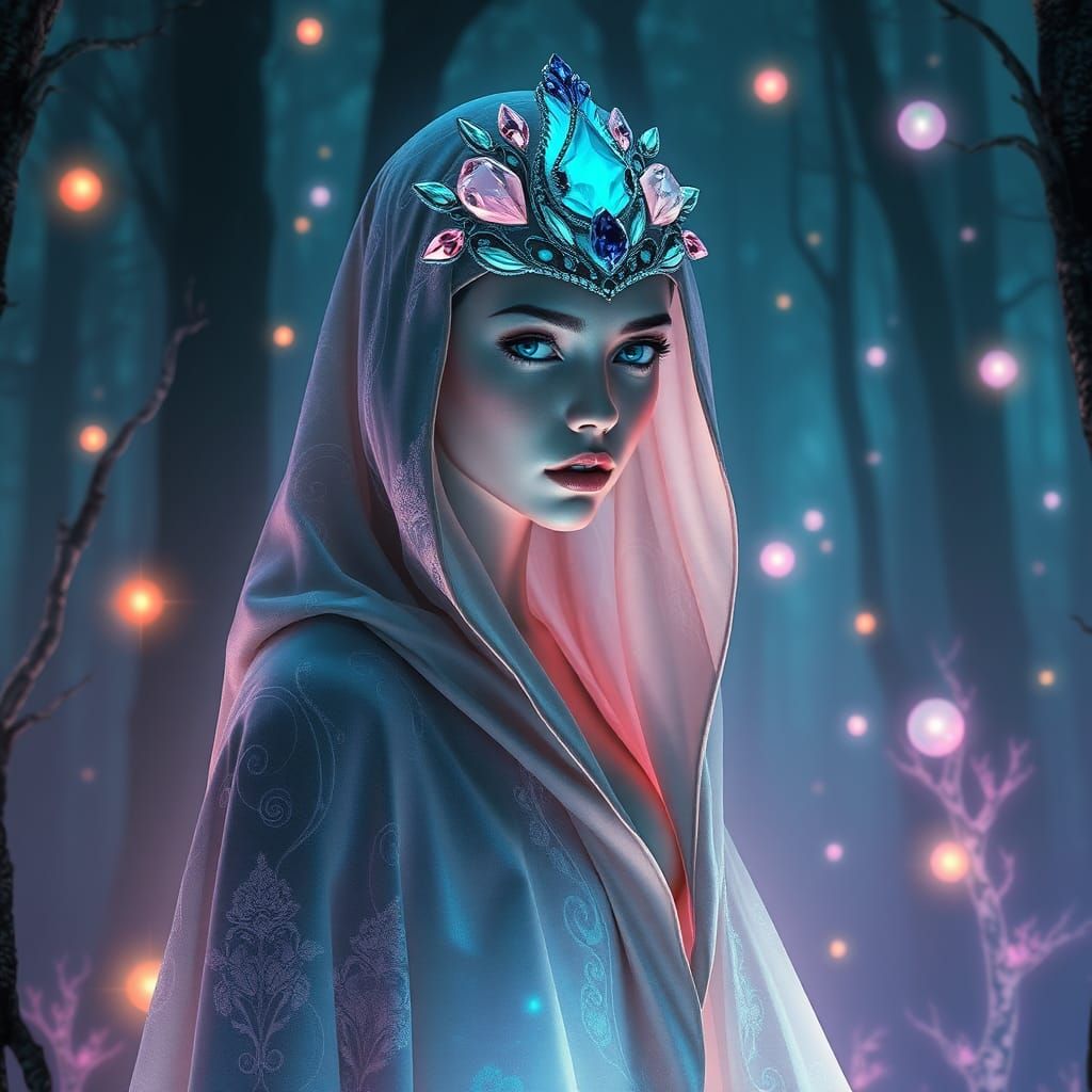 Mystical Woman in Iridescent Forest, a Sci-Fi Fantasy