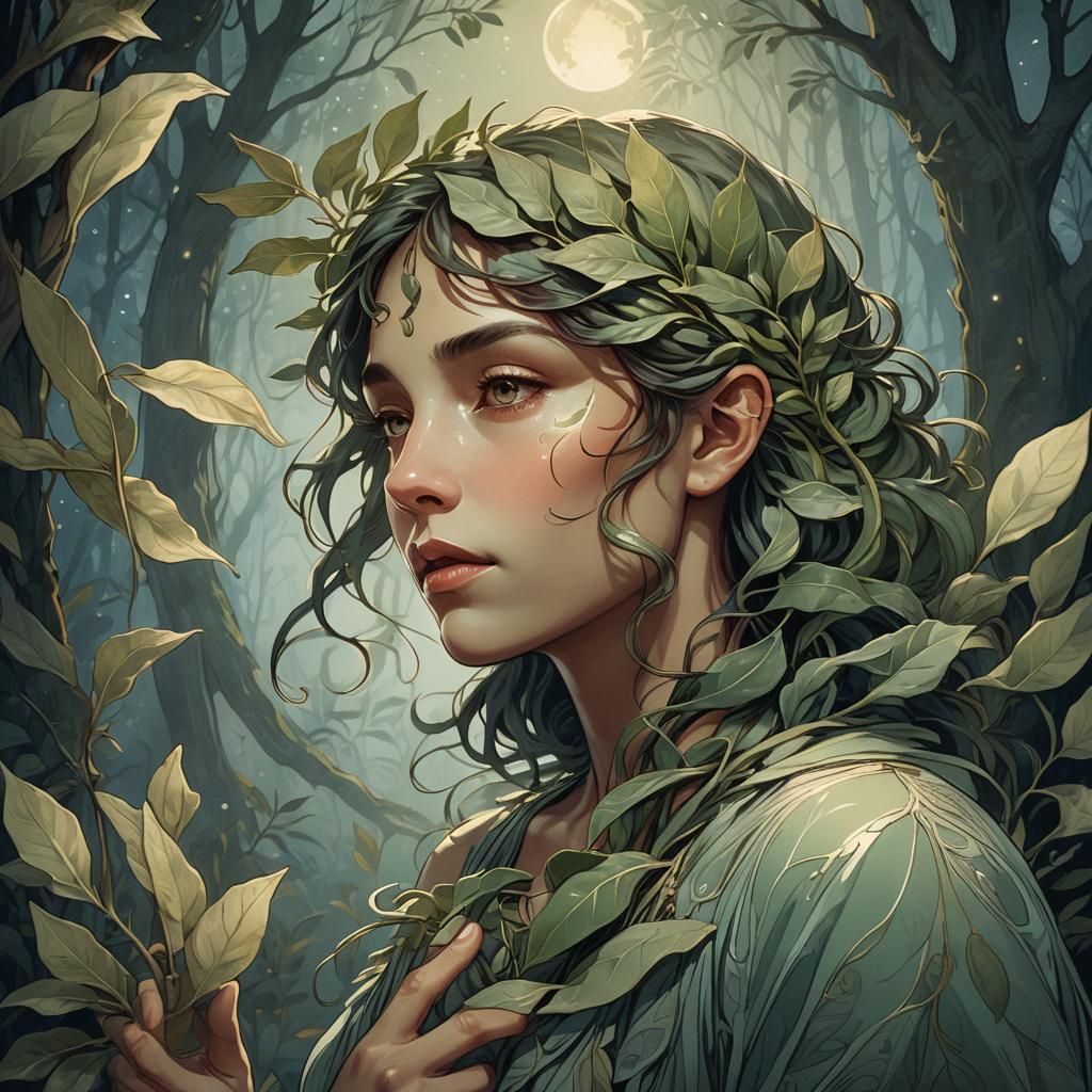 Whispers of Moonlit Serenity: Bay Leaf Portrait in Art Nouve...