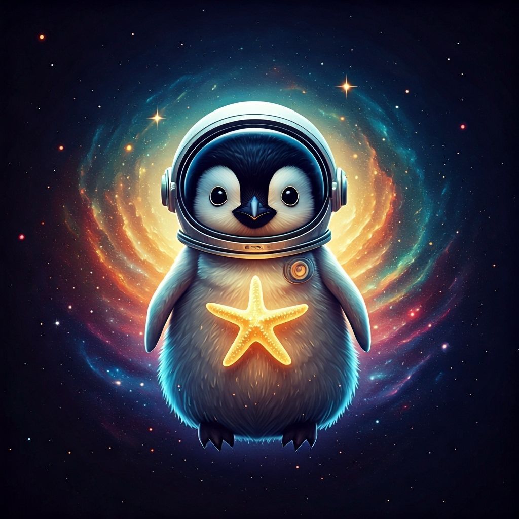 Astronaut Penguin Among Iridescent Nebulae