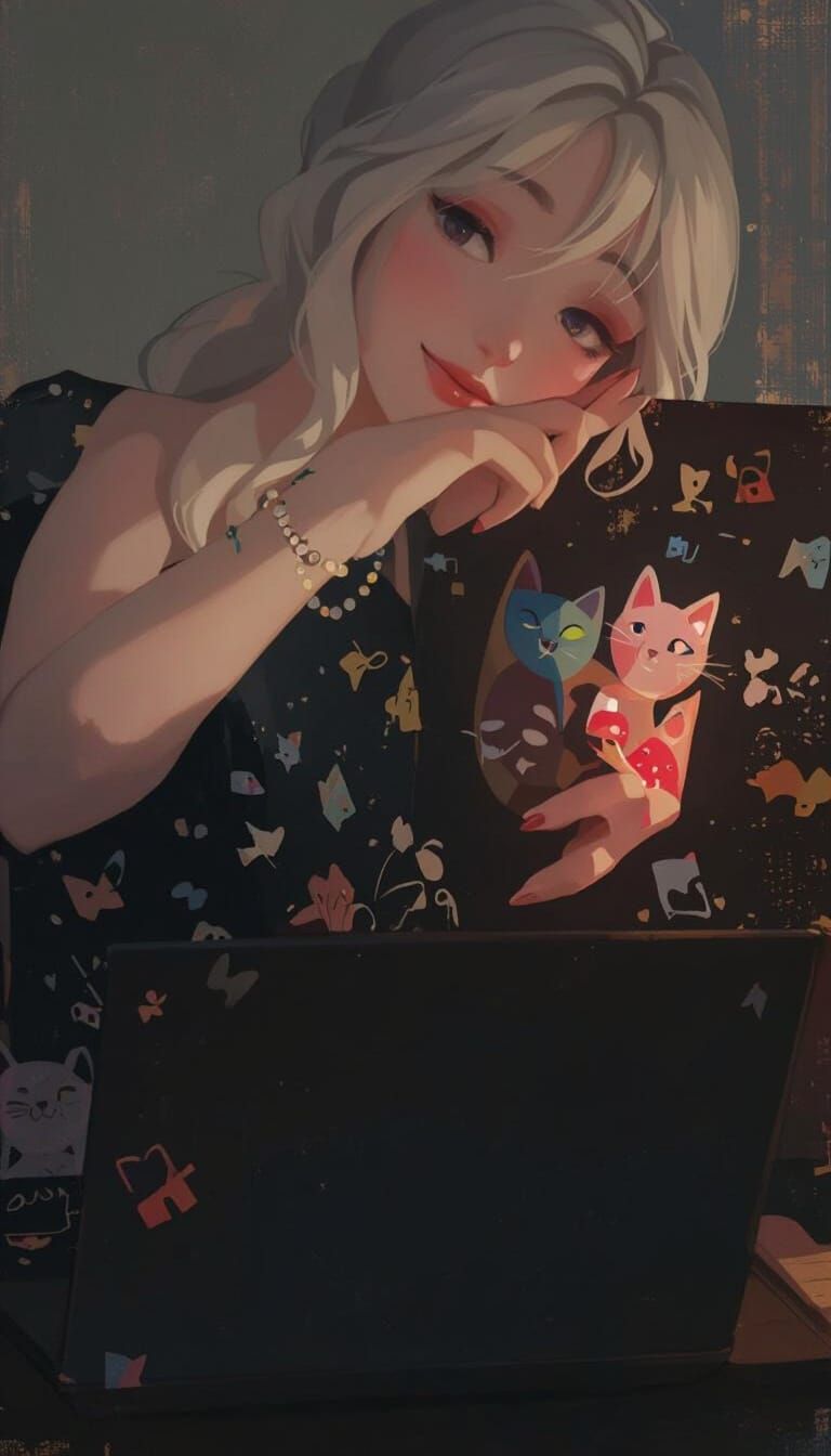 Woman Removing Stickers in Digital Painting Style